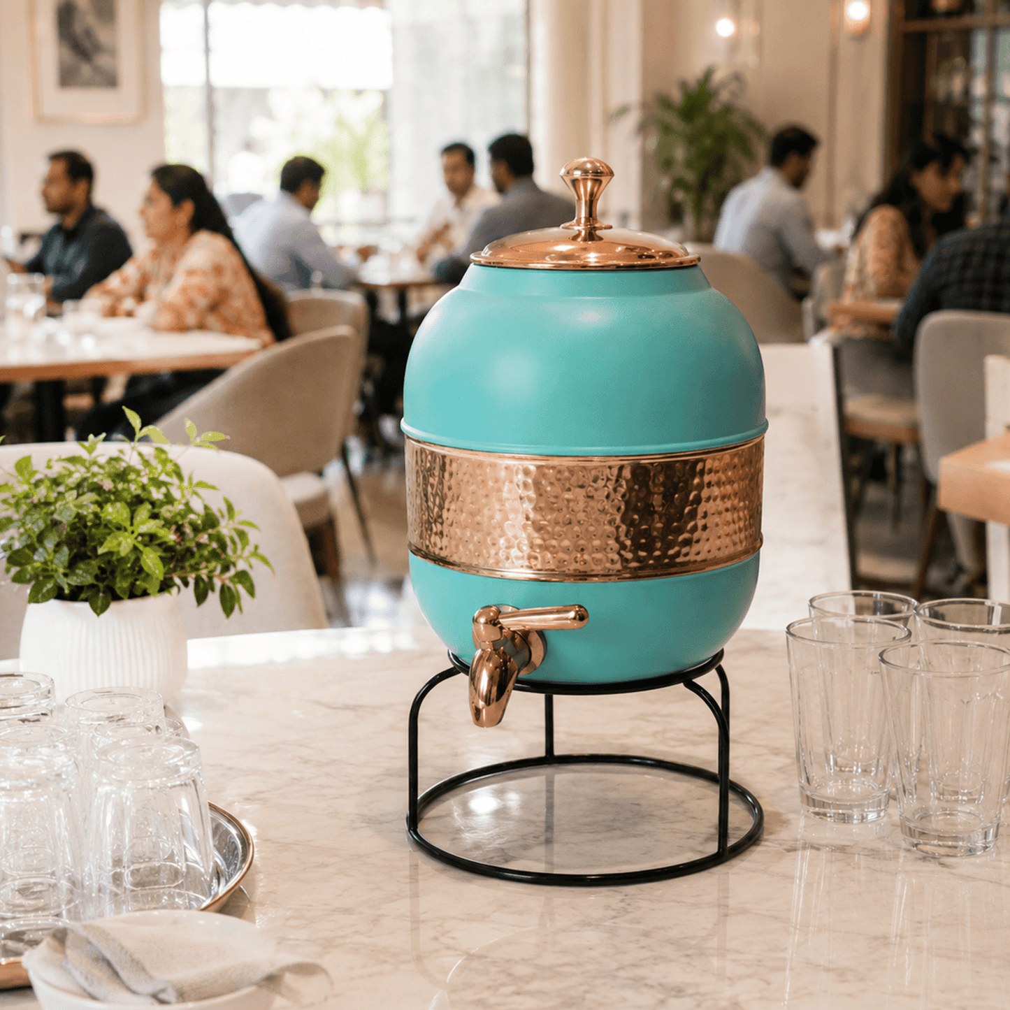 Pure Copper Water Dispenser | Half Hammered Turquoise Finish with Stand