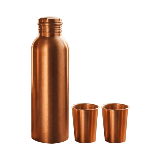 Pure Copper Bottle Gift Set with 2 Copper Glasses | 950ml Bottle & 300ml Glasses