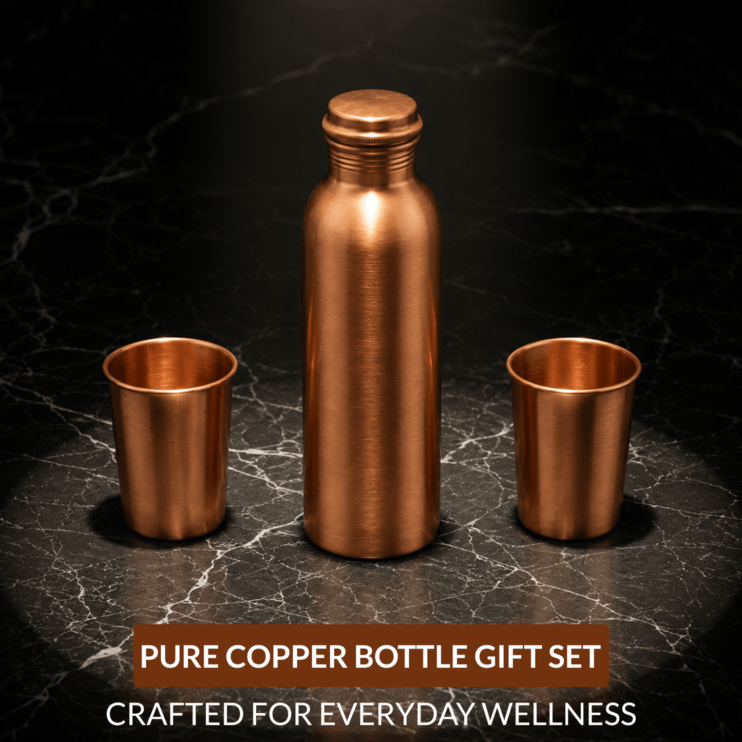 Pure Copper Bottle Gift Set with 2 Copper Glasses | 950ml Bottle & 300ml Glasses