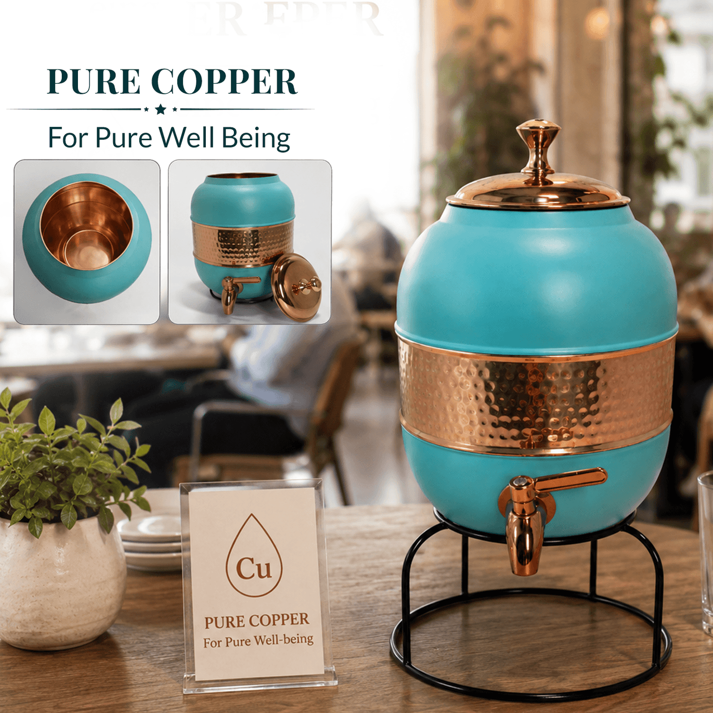 Pure Copper Water Dispenser | Half Hammered Turquoise Finish with Stand