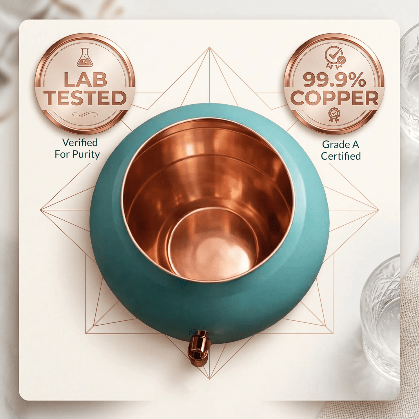 Pure Copper Water Dispenser | Half Hammered Turquoise Finish with Stand