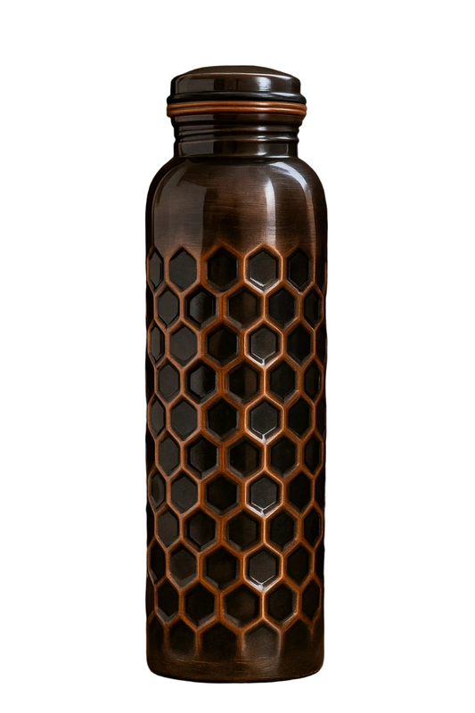 Pure copper water bottle with a rustic antique finish and embossed patterns.