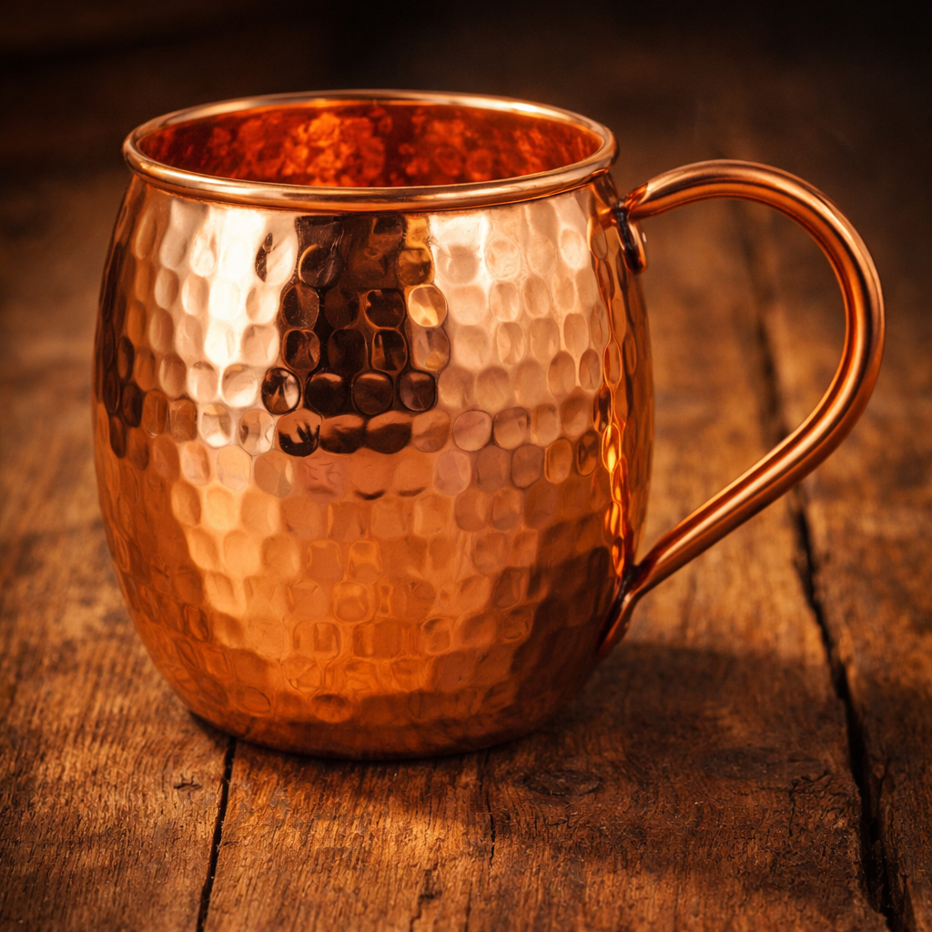 An elegant hammered copper mule mug with a sturdy copper handle.