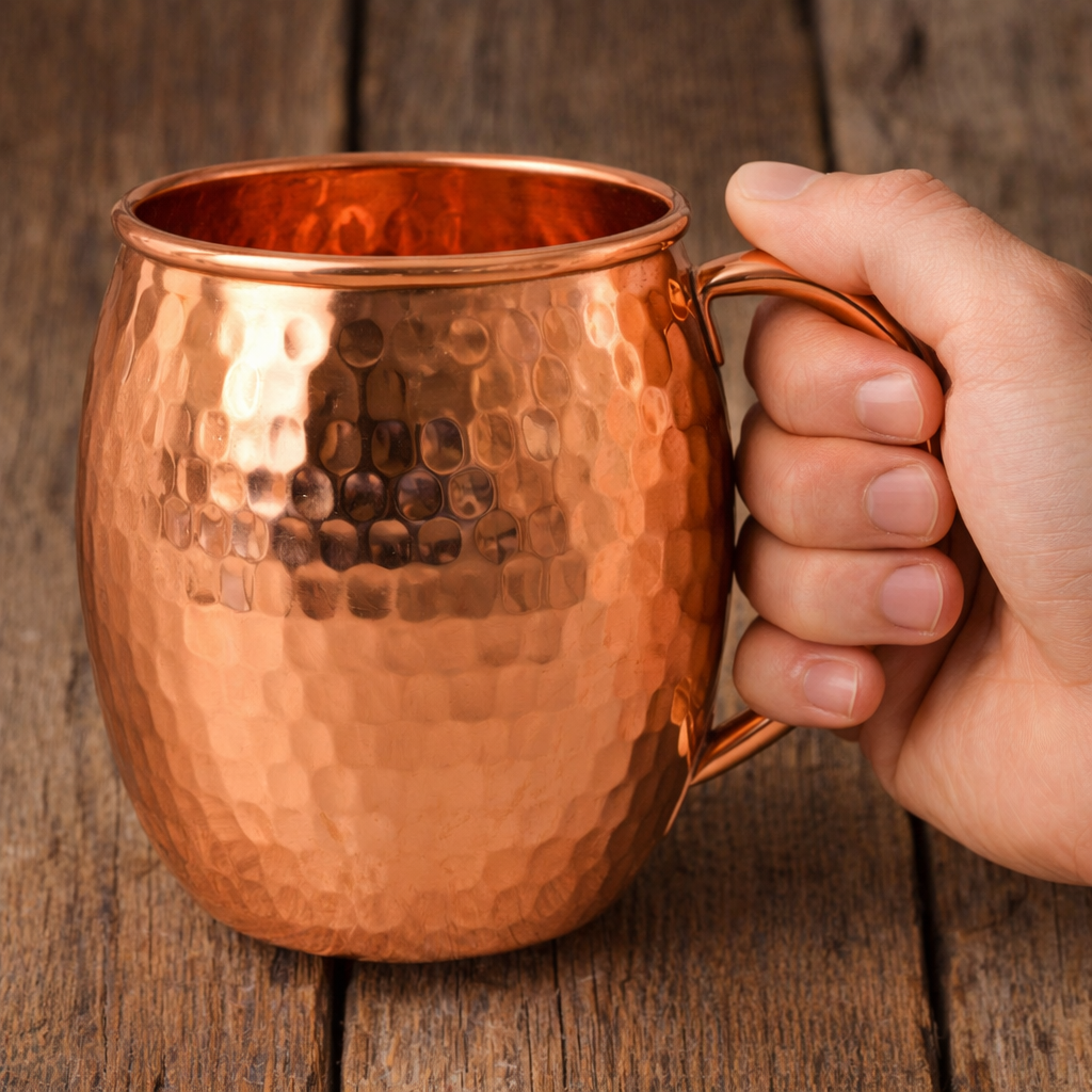 475 ml capacity hammered copper mug perfect for cold beverages.