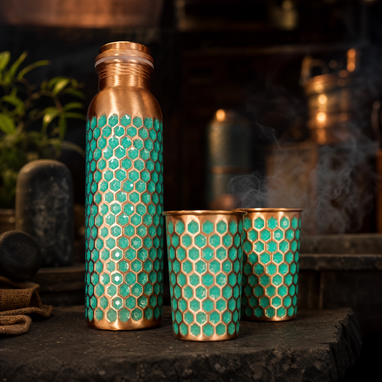 Ayurvedic Copper Water Bottle & 2 Glasses Gift Set – Teal Honeycomb Hand-Hammered Copper