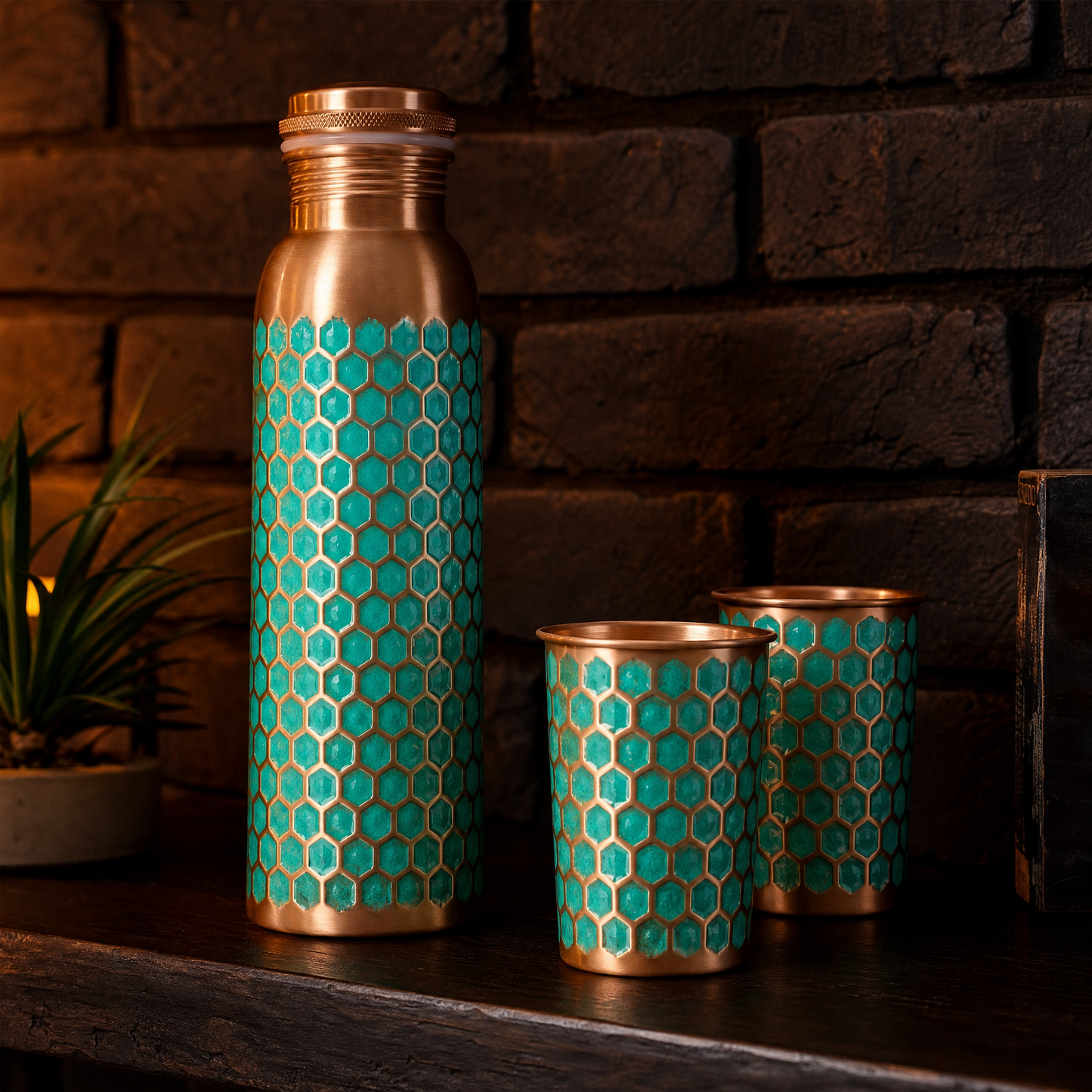 Ayurvedic Copper Water Bottle & 2 Glasses Gift Set – Teal Honeycomb Hand-Hammered Copper