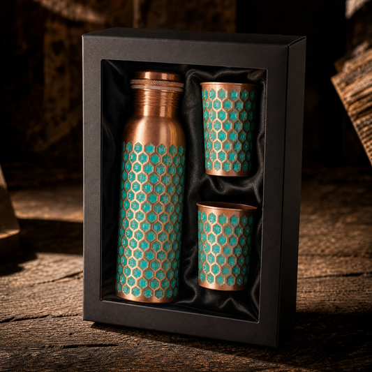 Ayurvedic Copper Water Bottle & 2 Glasses Gift Set – Teal Honeycomb Hand-Hammered Copper