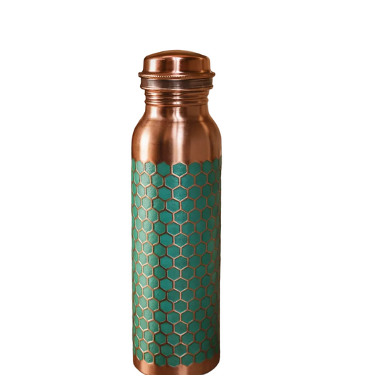 Pure copper water bottle with an intricate embossed design and green finish.