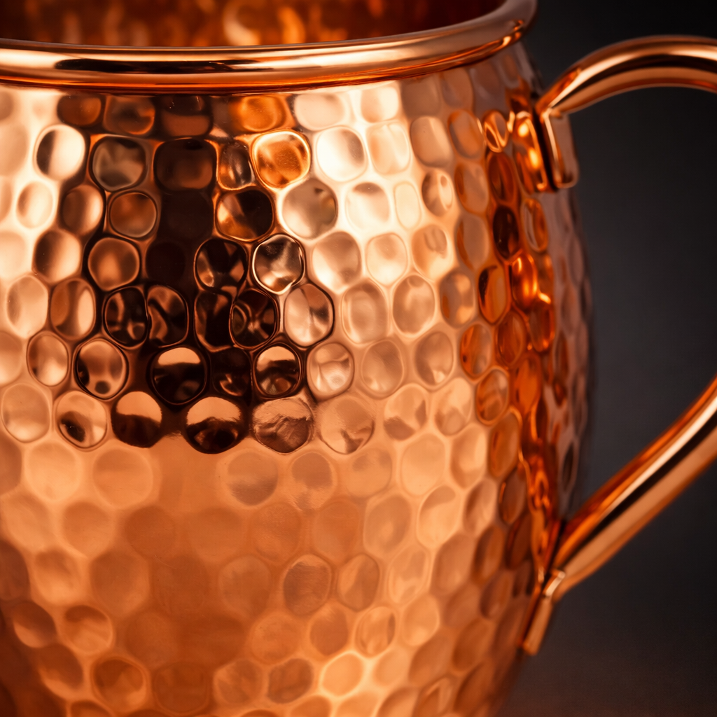 Shiny polished copper mug featuring a hand-hammered texture.