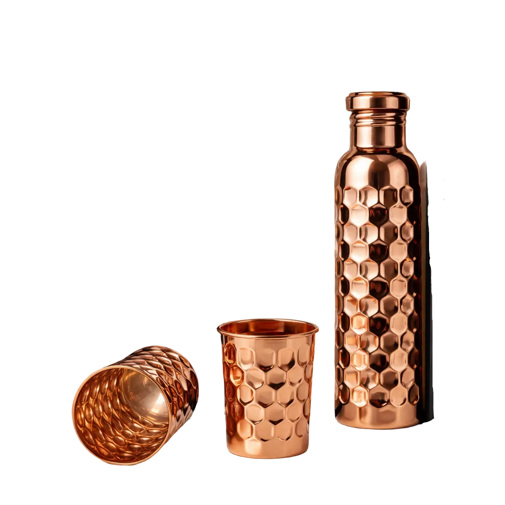 Embossed copper bottle and 2 glasses gift set 950ml
