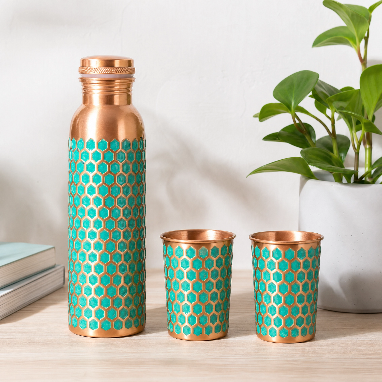 Ayurvedic Copper Water Bottle & 2 Glasses Gift Set – Teal Honeycomb Hand-Hammered Copper
