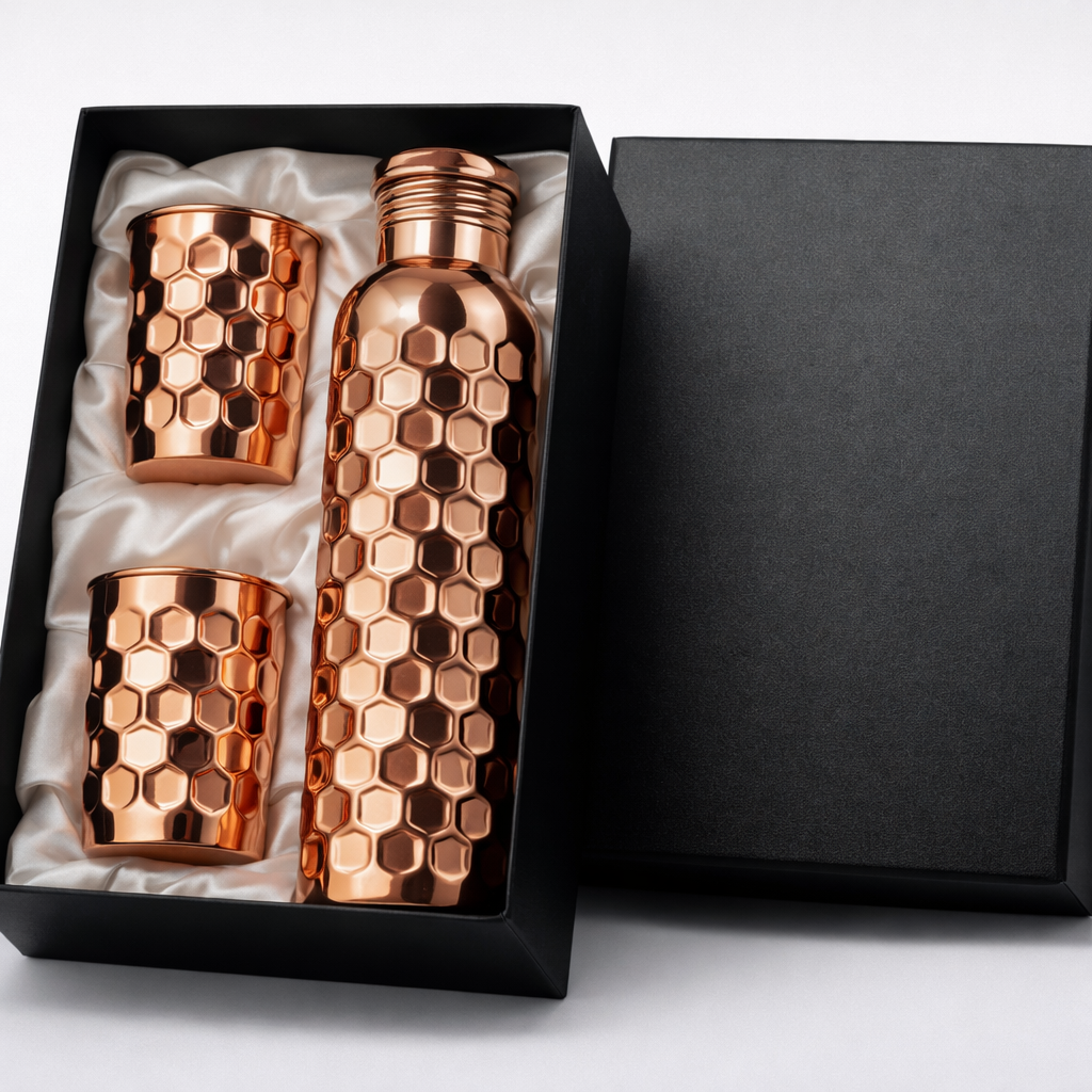 Embossed copper bottle and 2 glasses gift set 950ml