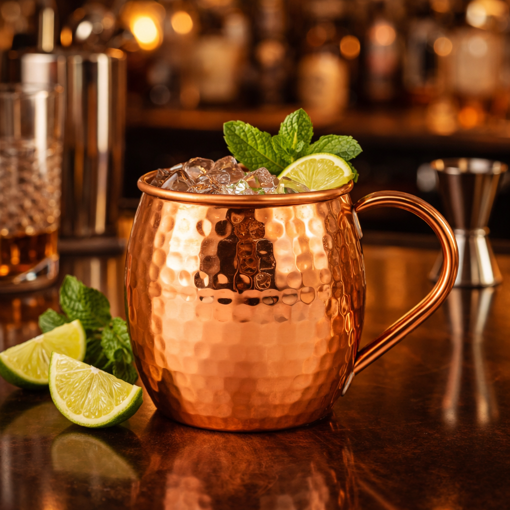 A shiny pure copper hammered mule mug with a stylish copper handle.